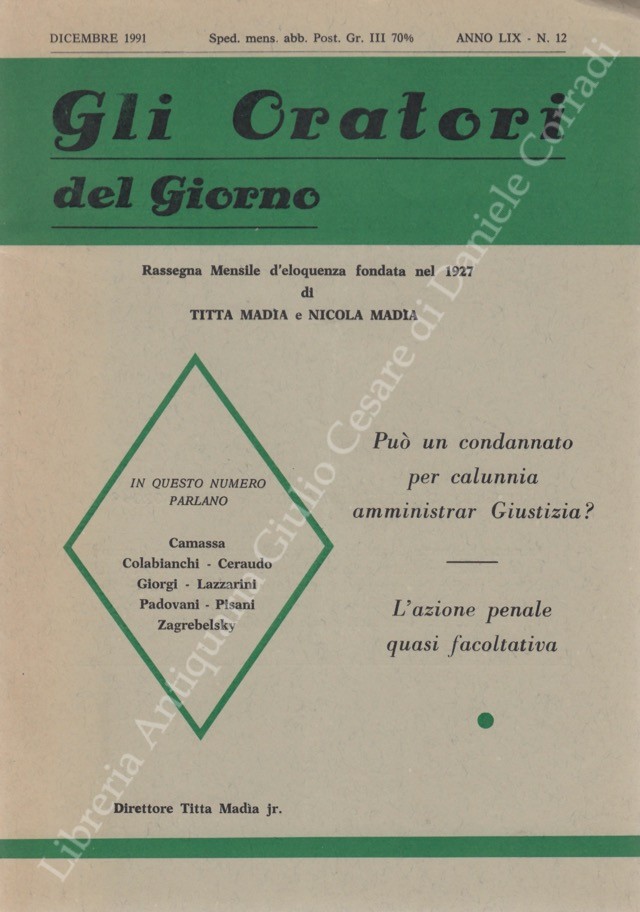 Gli oratori del giorno. Rassegna mensile d'eloquenza. Anno LIX - Numero 12. Dicembre 1991