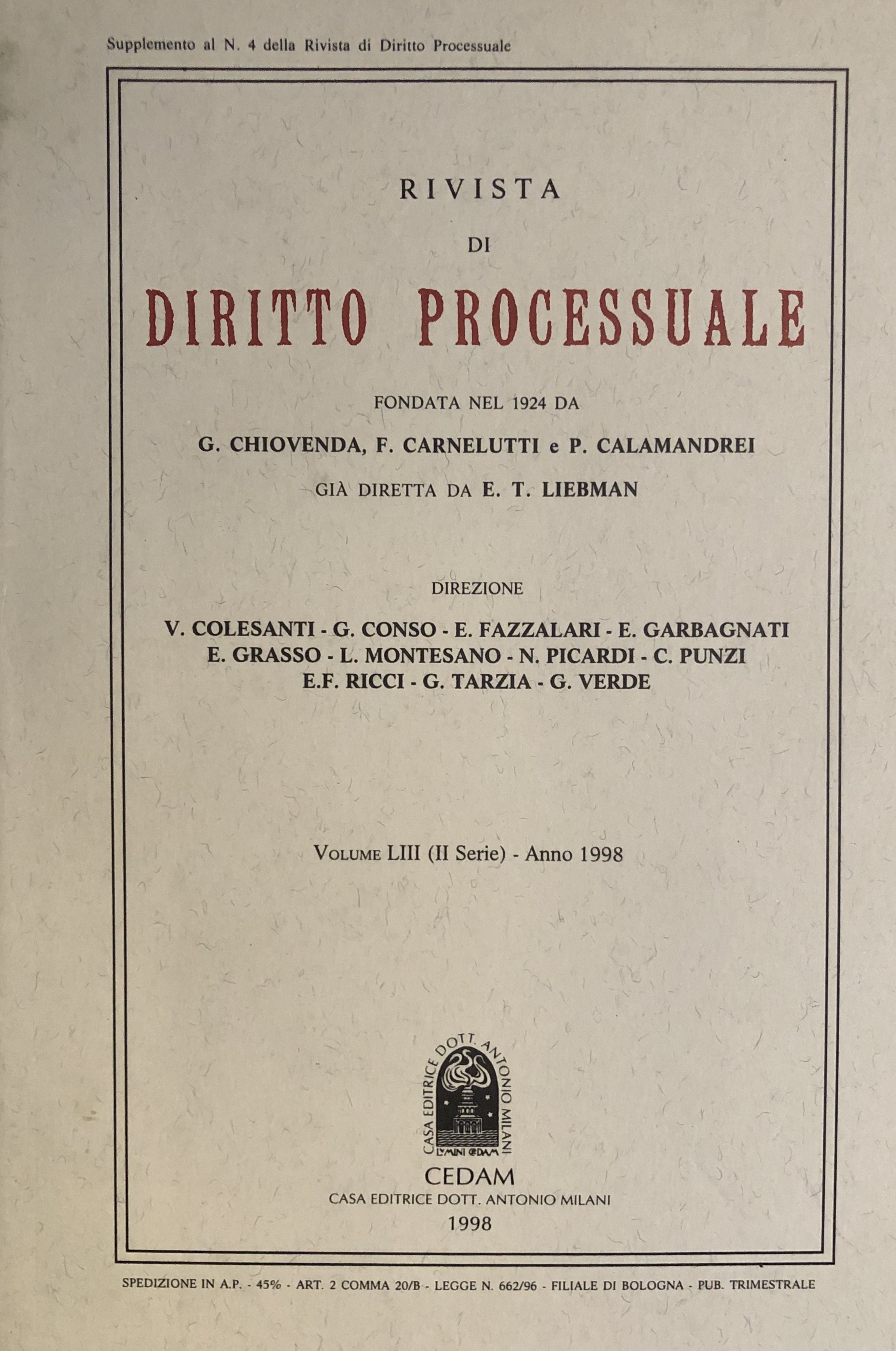 Rivista di Diritto Processuale. Annata 1998