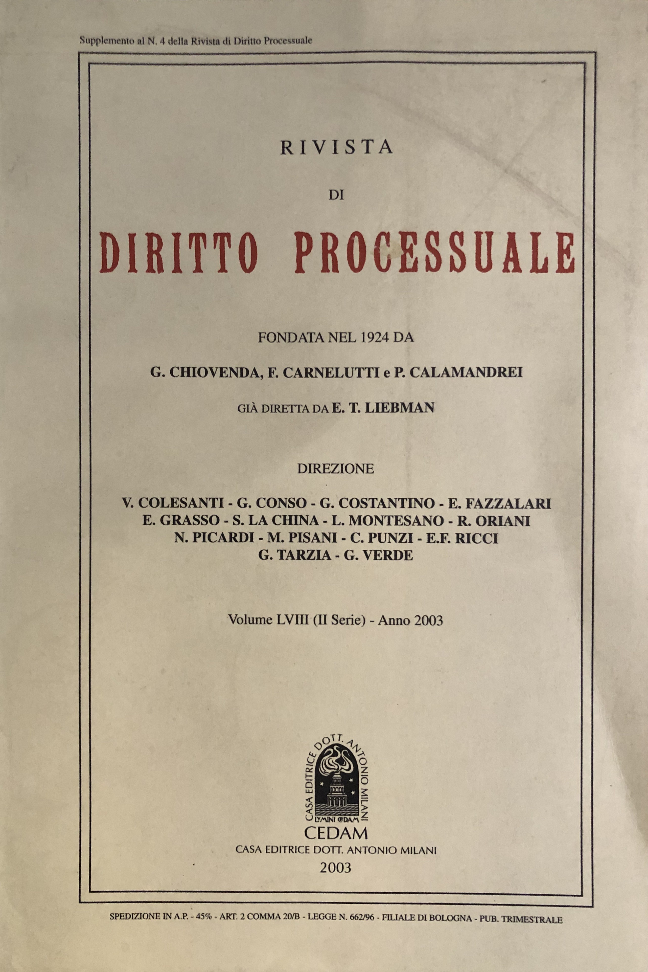 Rivista di Diritto Processuale. Annata 2003