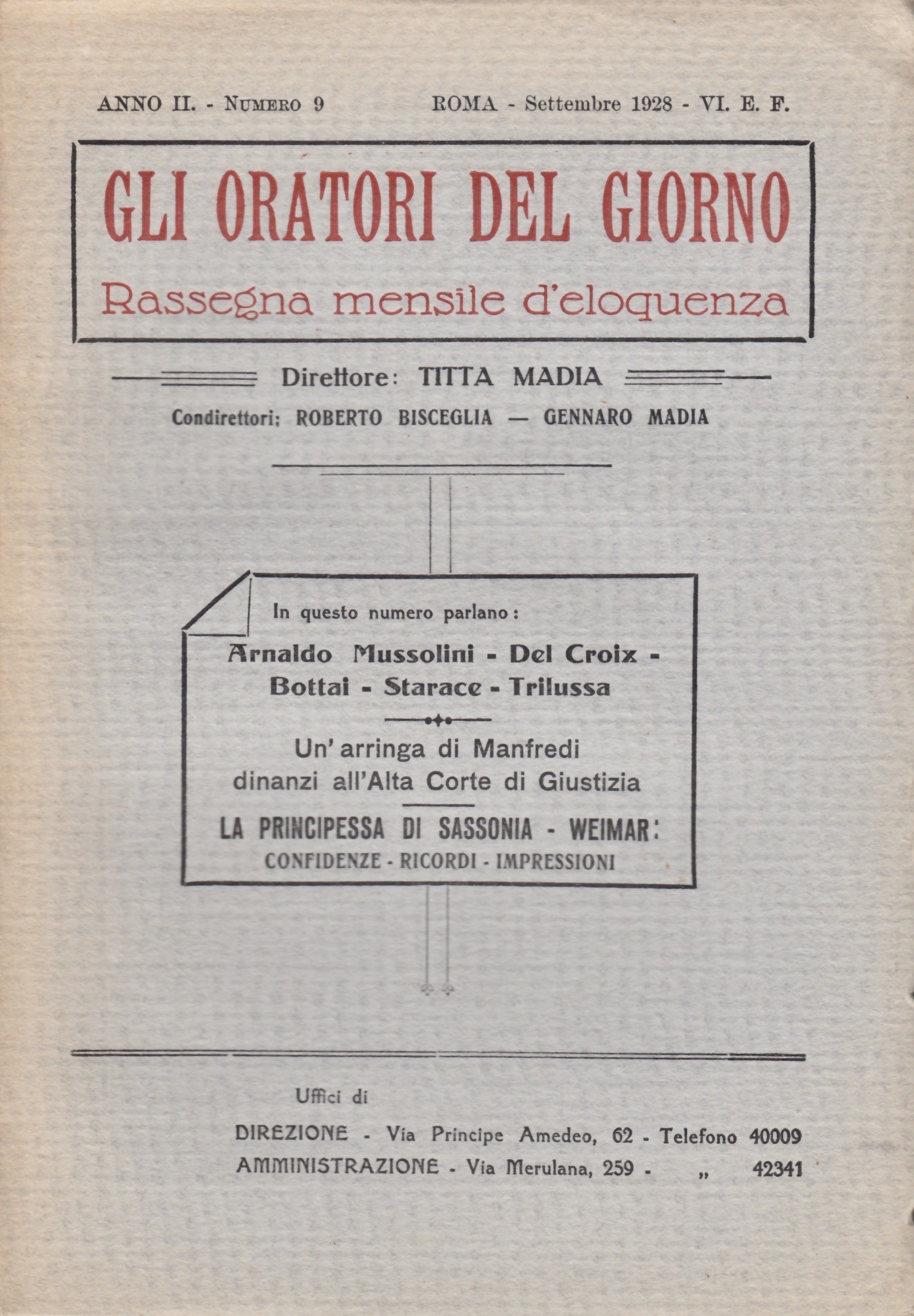 Gli oratori del giorno. Rassegna mensile d'eloquenza. Anno II Numero 9. Settembre 1928. 