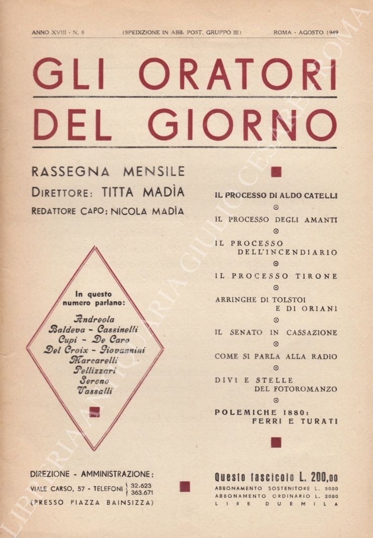 Gli oratori del giorno. Rassegna mensile d'eloquenza. Anno XVIII - Numero 8 - Agosto 1949