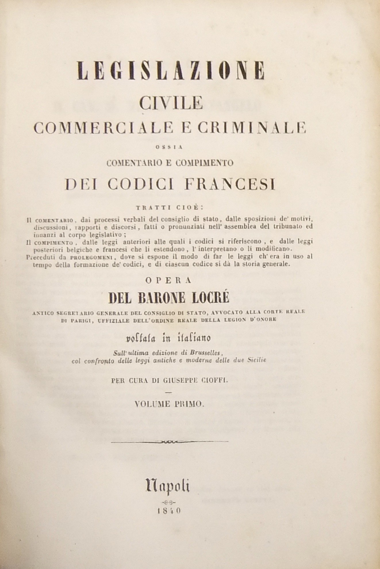 Legislazione civile commerciale e criminale. Vol. I