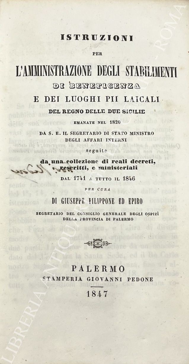 Istruzioni per l'amministrazione degli stabilimenti di beneficenza e dei luoghi pii laicali del Regno delle due Sicilie