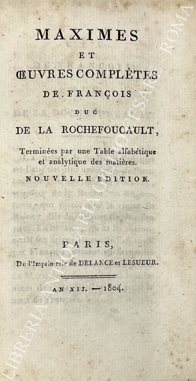 Maximes et oeuvres completes de Francois Duc de la Rochefoucault