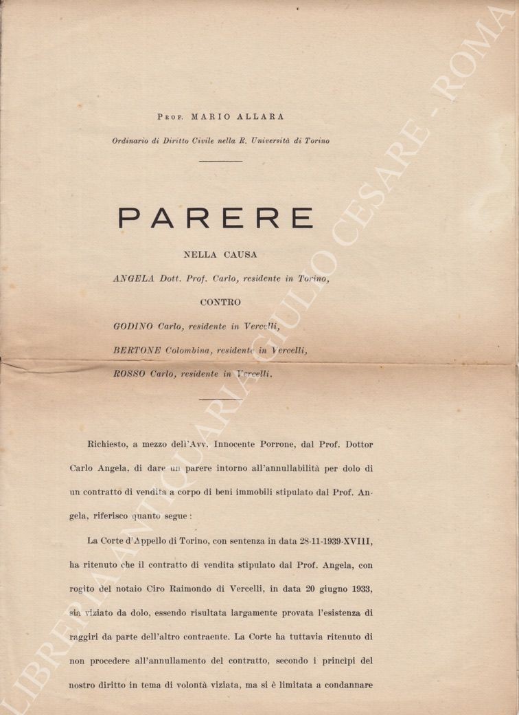 Parere nella causa Angela Dott. Prof. Carlo residente in Torino contro