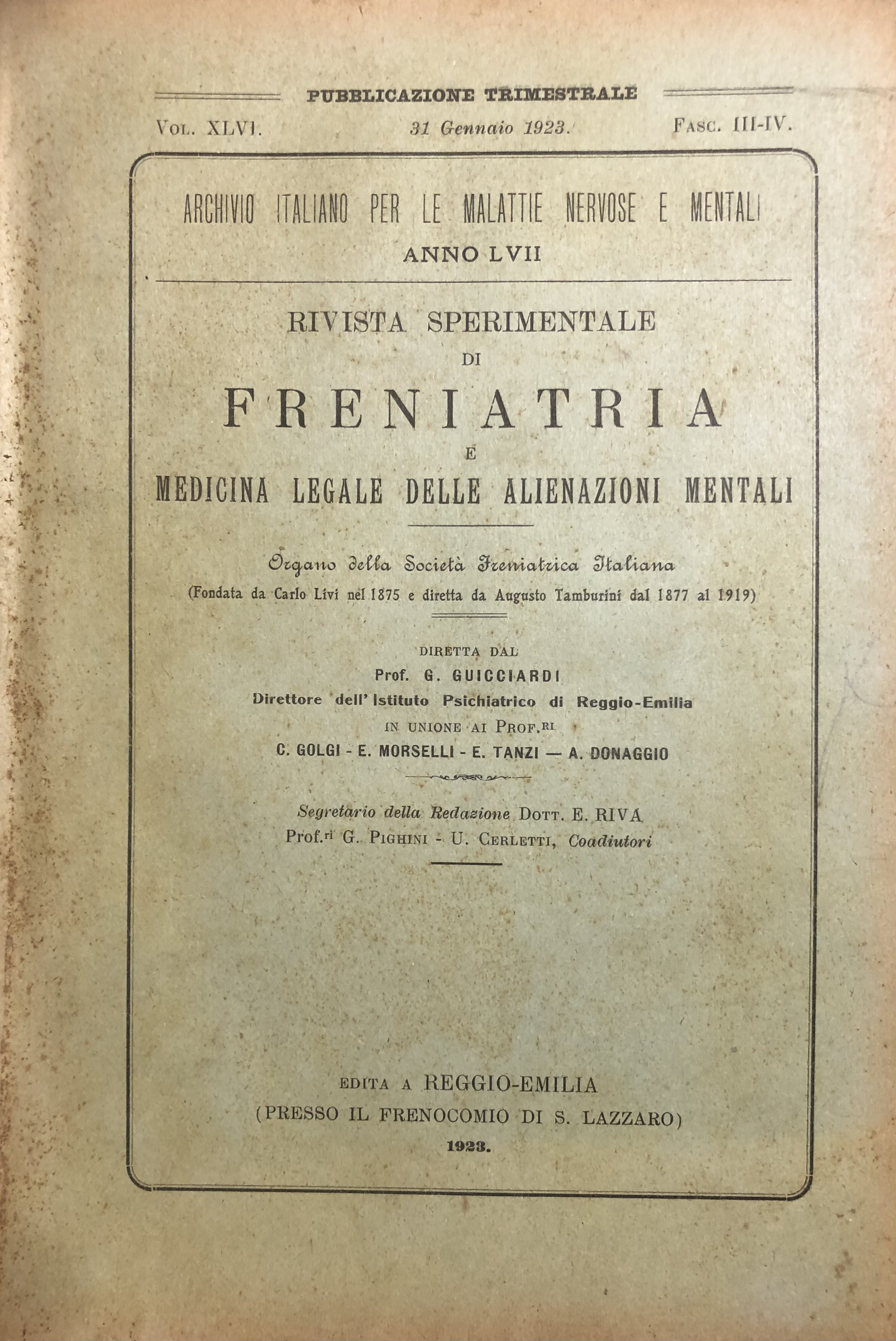Rivista sperimentale di freniatria e di medicina legale