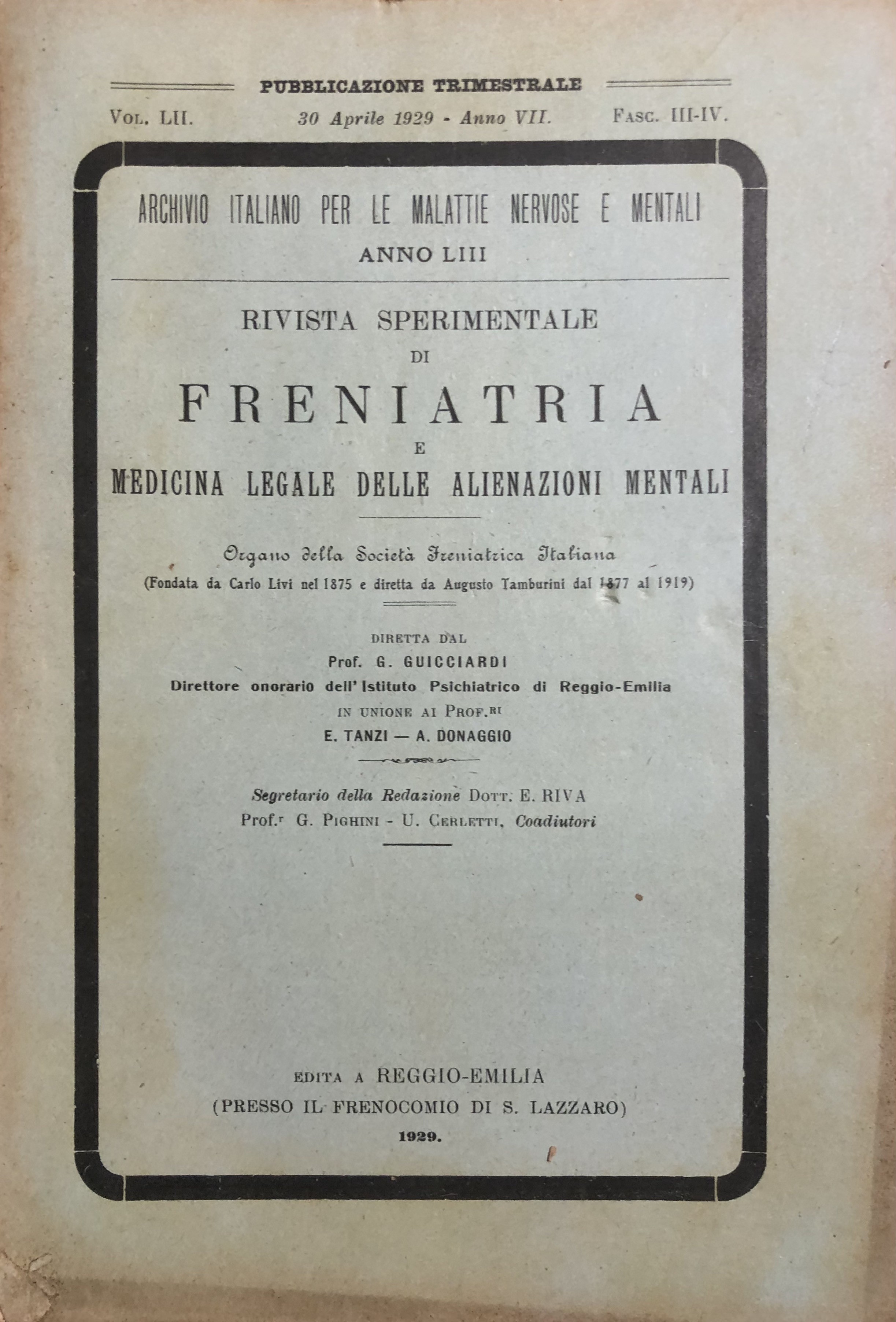 Rivista sperimentale di freniatria e di medicina legale