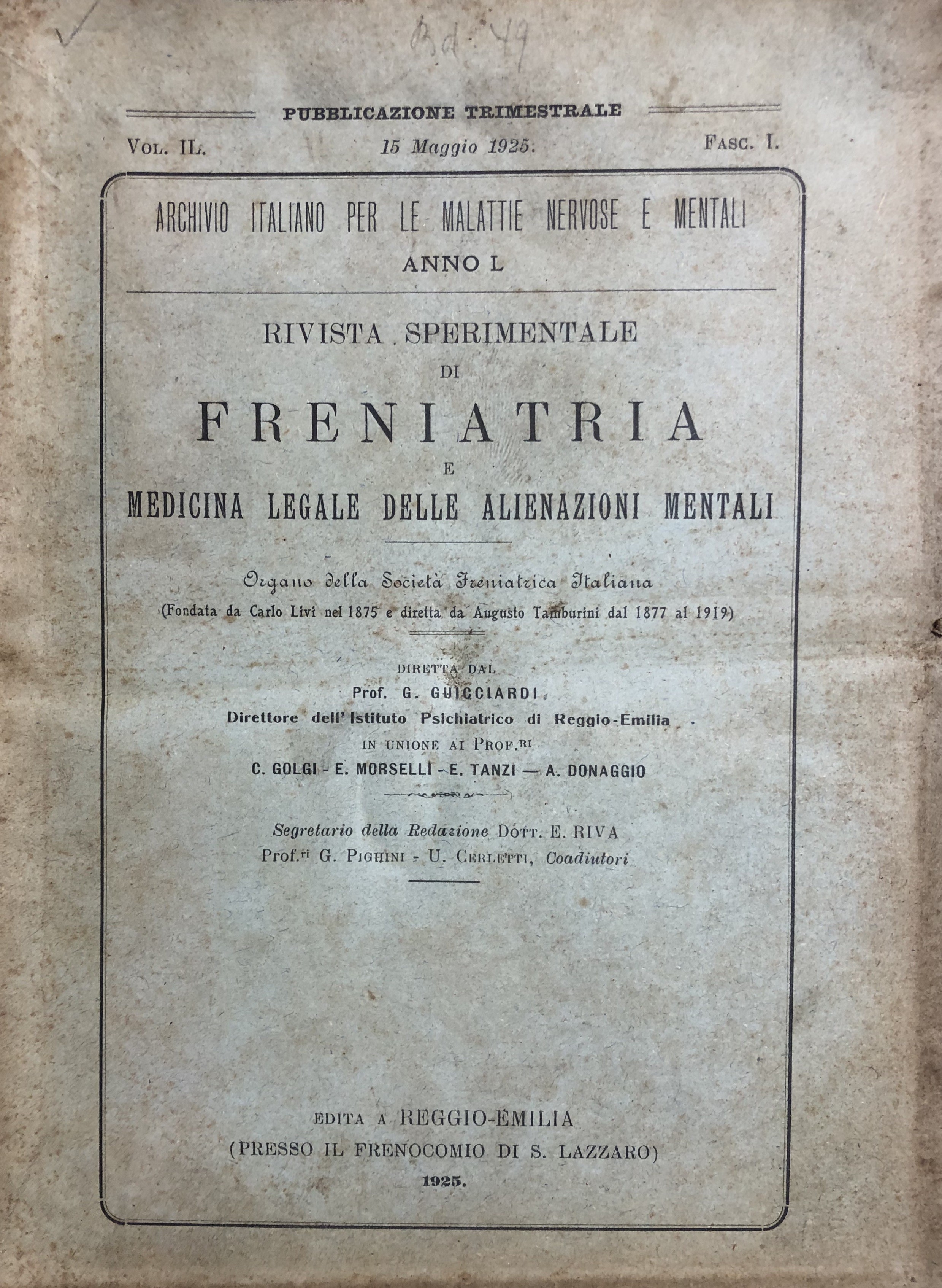 Rivista sperimentale di freniatria e di medicina legale