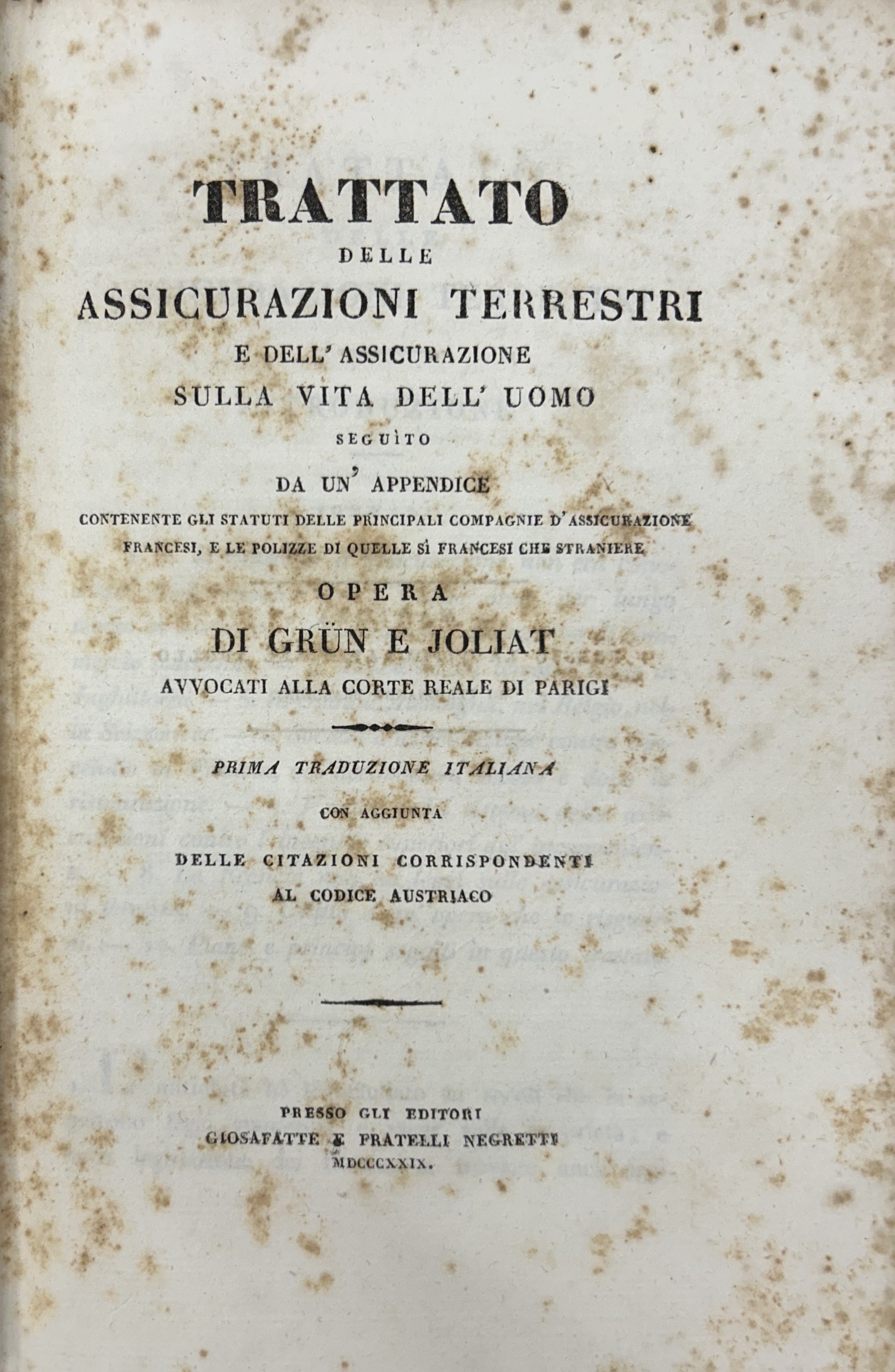 Trattato delle assicurazioni terrestri e dell'assicurazione sulla vita dell'uomo