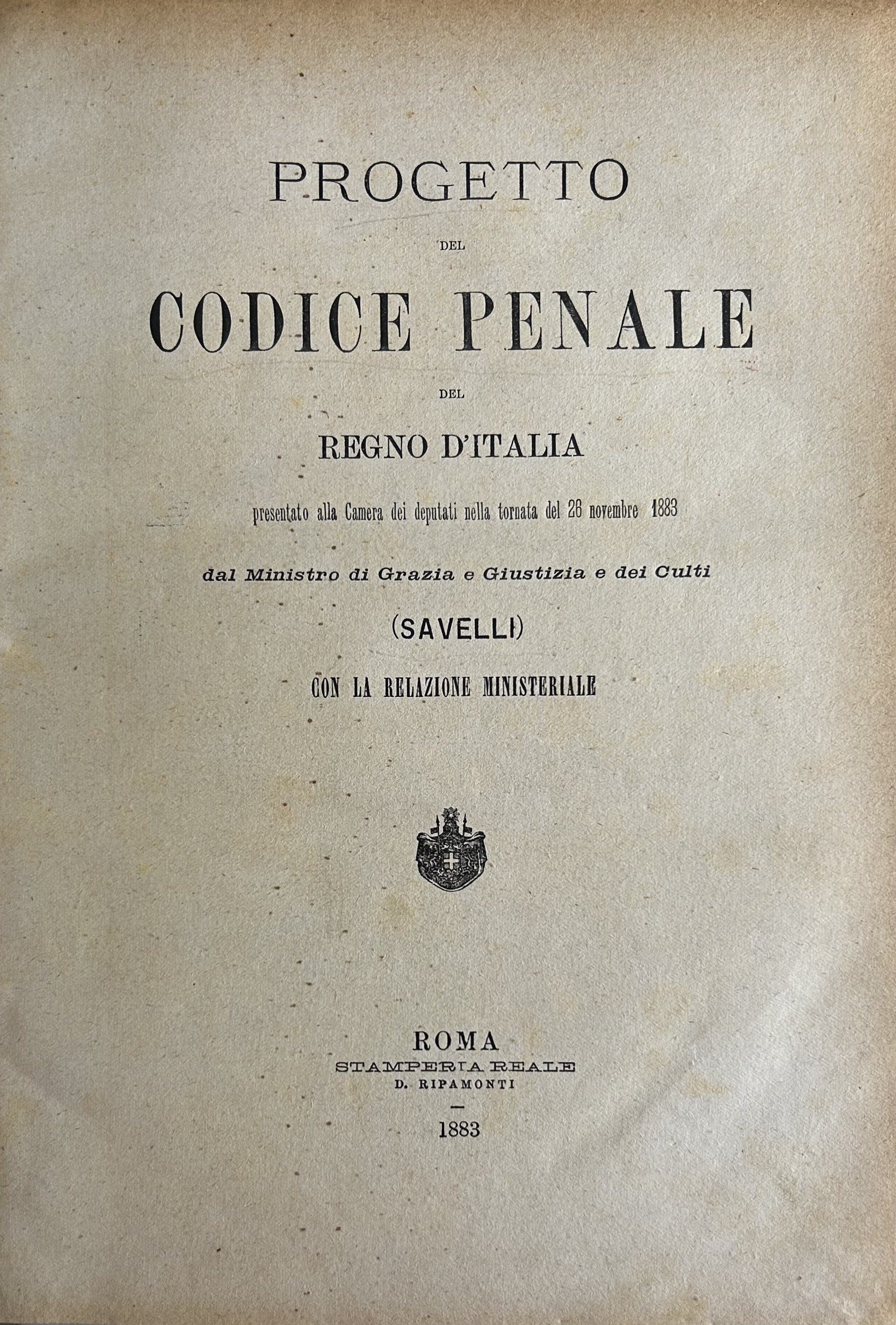 Progetto del Codice penale del Regno d'Italia presentato alla Camera dei deputati